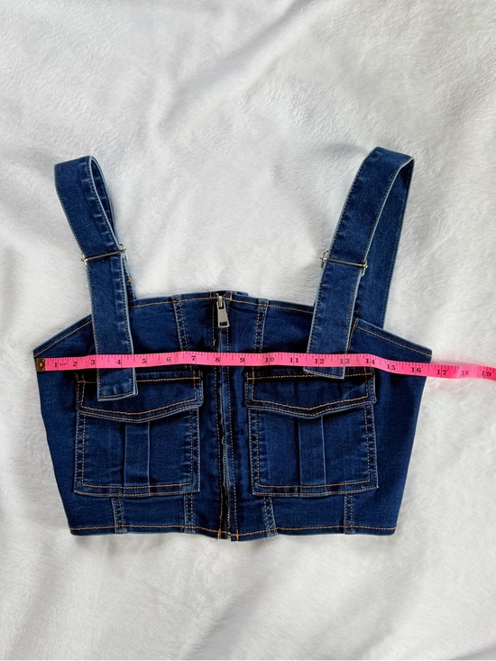 Denim Zip-Front Crop Vest Top Stretchy with Pockets and Adjustable Straps Small - Picture 6 of 7